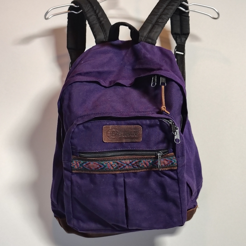 VINTAGE Eastpak Backpack Bag Purple Aztec Leather Bottom